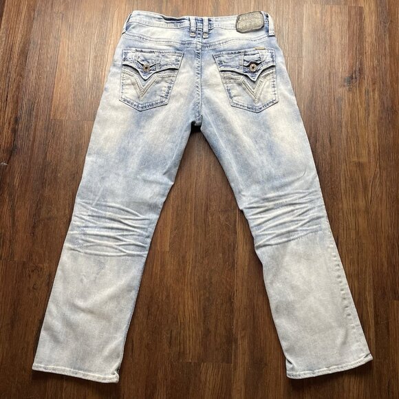 Buckle Salvage Supply Mayhem Bootcut Jeans 34x30 Light Blue Stretch Flap Pocket - Picture 2 of 11